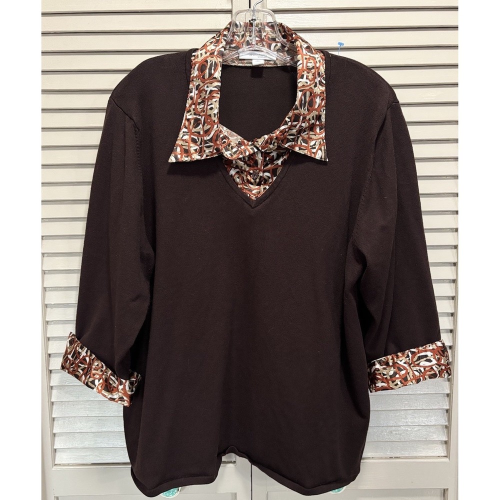 Dressbarn V Neck Knit Sweater Long Sleeve Brown Satin Insert Size 3XL Soft